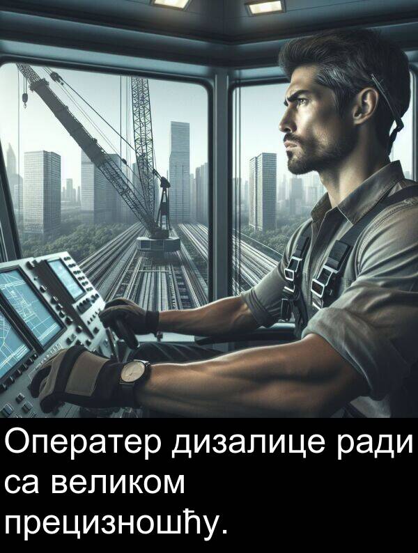 прецизношћу: Оператер дизалице ради са великом прецизношћу.