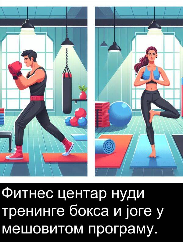 нуди: Фитнес центар нуди тренинге бокса и јоге у мешовитом програму.