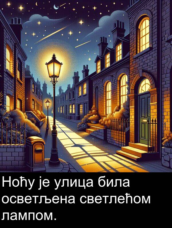 осветљена: Ноћу је улица била осветљена светлећом лампом.