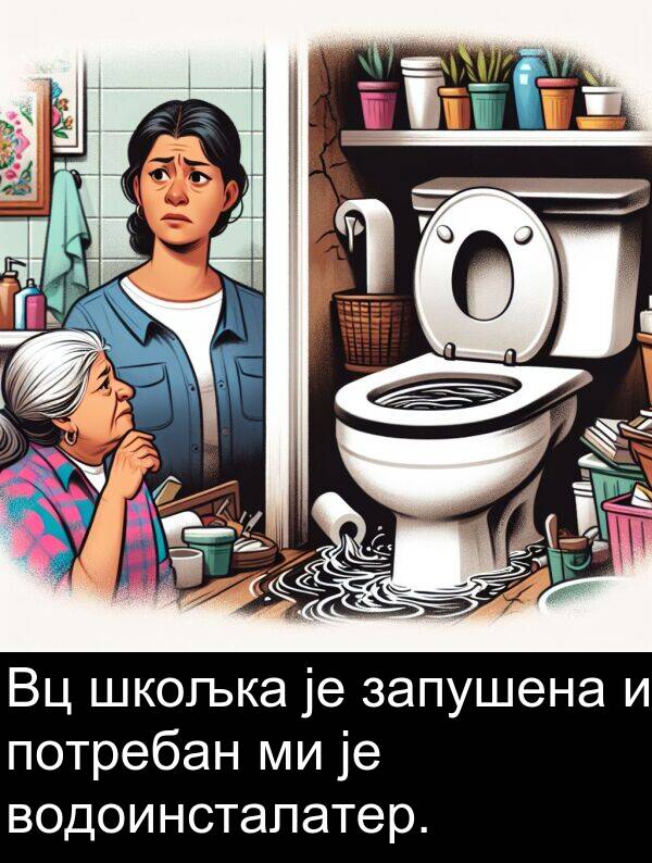 водоинсталатер: Вц шкољка је запушена и потребан ми је водоинсталатер.