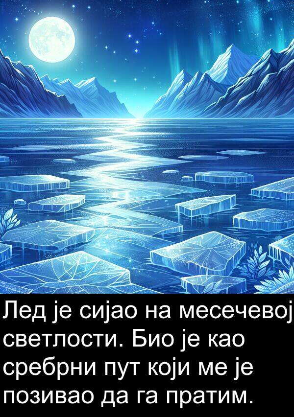 сребрни: Лед је сијао на месечевој светлости. Био је као сребрни пут који ме је позивао да га пратим.
