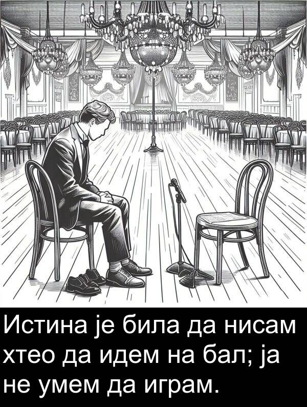 нисам: Истина је била да нисам хтео да идем на бал; ја не умем да играм.