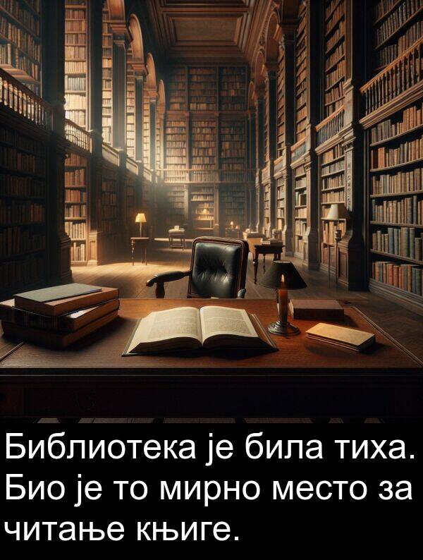 мирно: Библиотека је била тиха. Био је то мирно место за читање књиге.