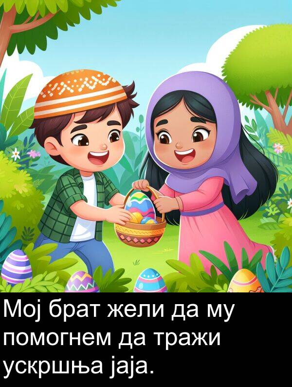 помогнем: Мој брат жели да му помогнем да тражи ускршња јаја.