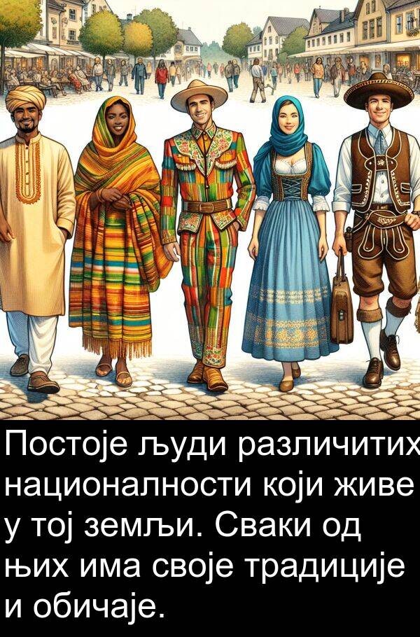 земљи: Постоје људи различитих националности који живе у тој земљи. Сваки од њих има своје традиције и обичаје.