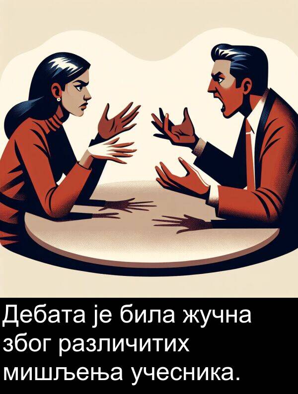 учесника: Дебата је била жучна због различитих мишљења учесника.