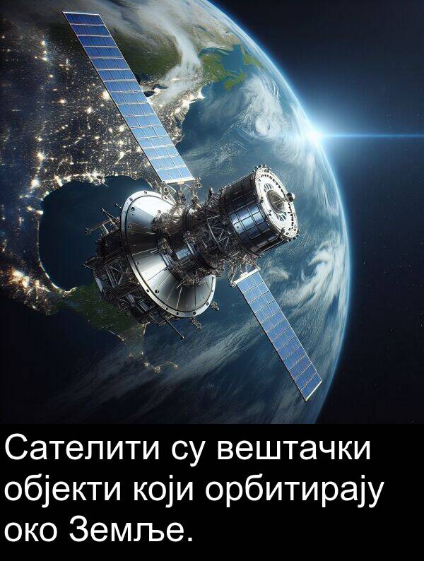 орбитирају: Сателити су вештачки објекти који орбитирају око Земље.
