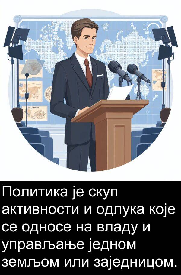 скуп: Политика је скуп активности и одлука које се односе на владу и управљање једном земљом или заједницом.