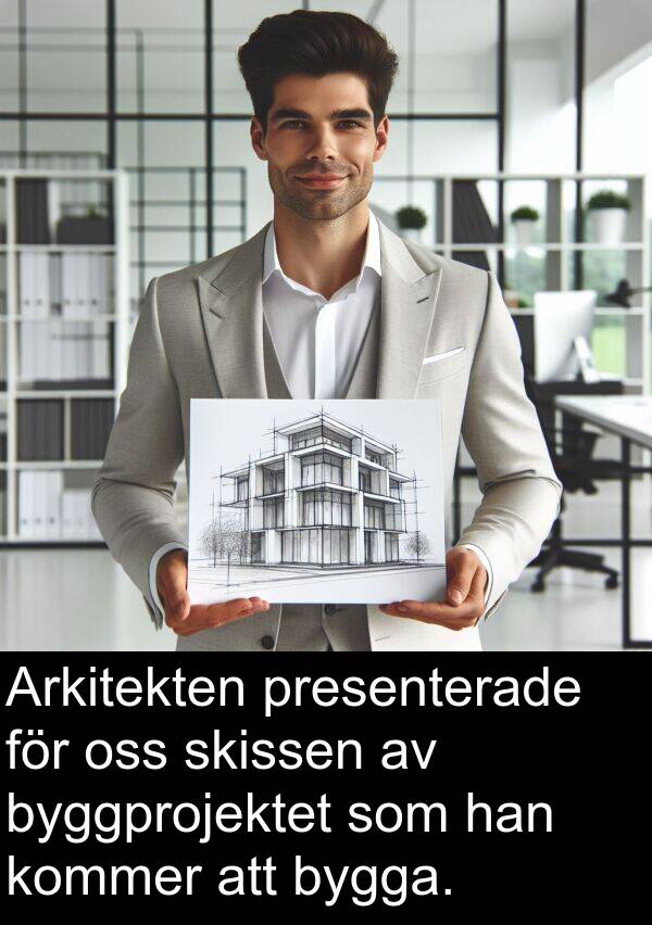 bygga: Arkitekten presenterade för oss skissen av byggprojektet som han kommer att bygga.