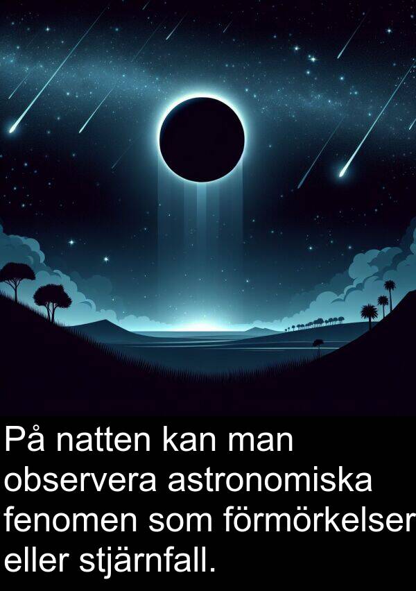 natten: På natten kan man observera astronomiska fenomen som förmörkelser eller stjärnfall.