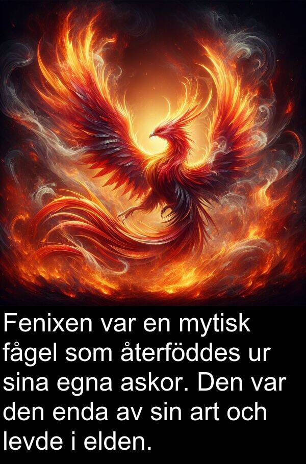 fågel: Fenixen var en mytisk fågel som återföddes ur sina egna askor. Den var den enda av sin art och levde i elden.