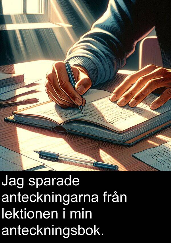 sparade: Jag sparade anteckningarna från lektionen i min anteckningsbok.