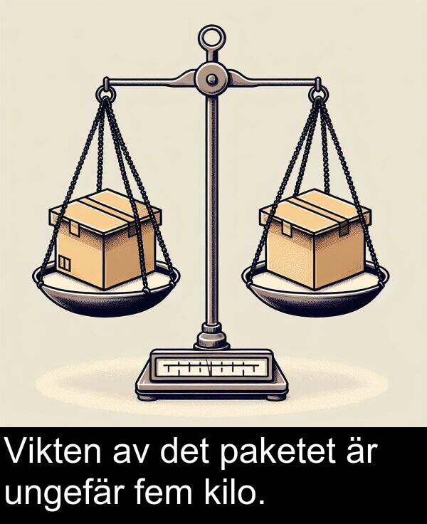 paketet: Vikten av det paketet är ungefär fem kilo.