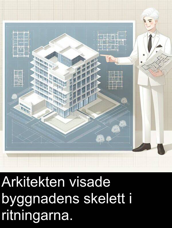 byggnadens: Arkitekten visade byggnadens skelett i ritningarna.