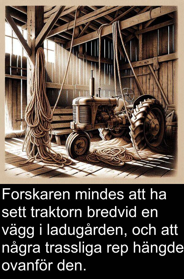 vägg: Forskaren mindes att ha sett traktorn bredvid en vägg i ladugården, och att några trassliga rep hängde ovanför den.