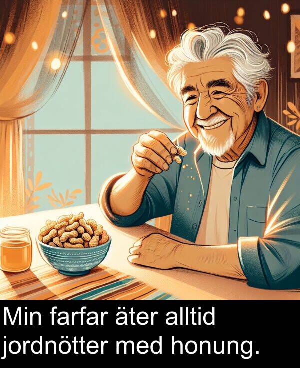 honung: Min farfar äter alltid jordnötter med honung.