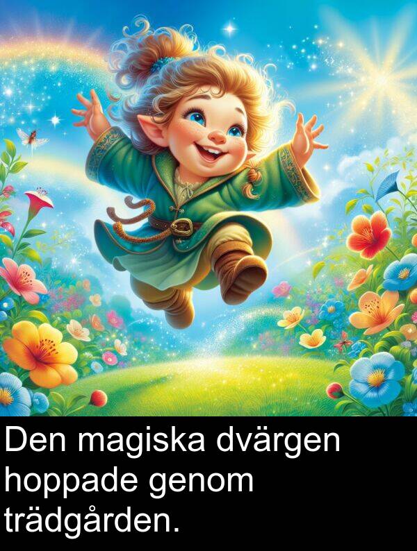 hoppade: Den magiska dvärgen hoppade genom trädgården.