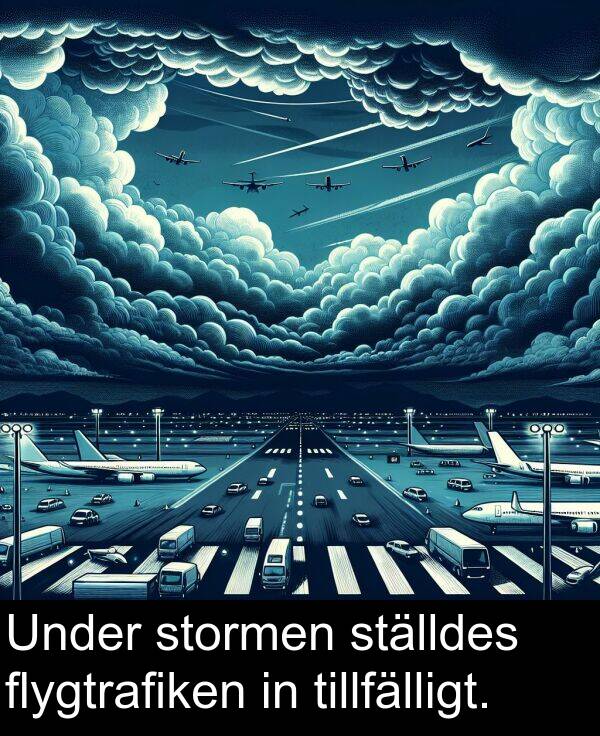 tillfälligt: Under stormen ställdes flygtrafiken in tillfälligt.