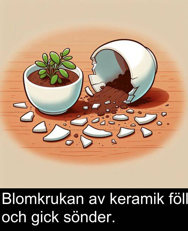 föll: Blomkrukan av keramik föll och gick sönder.