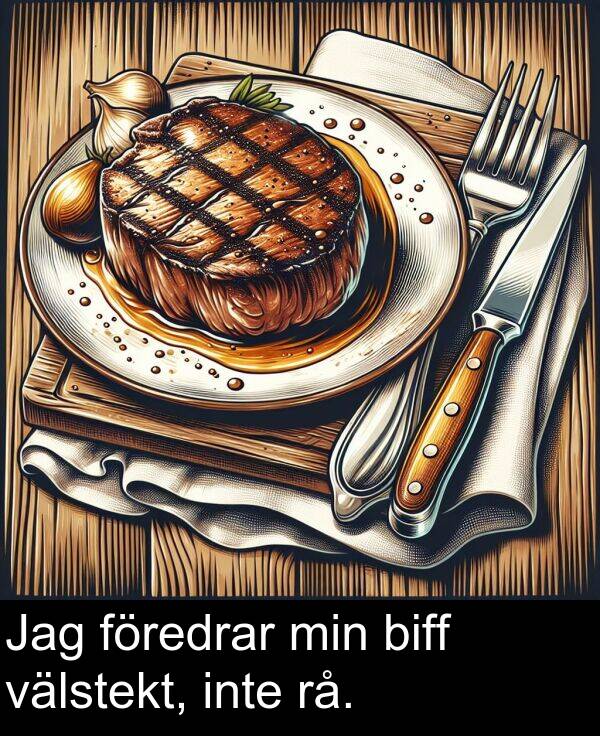 min: Jag föredrar min biff välstekt, inte rå.