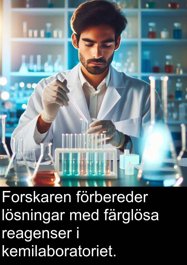 färglösa: Forskaren förbereder lösningar med färglösa reagenser i kemilaboratoriet.