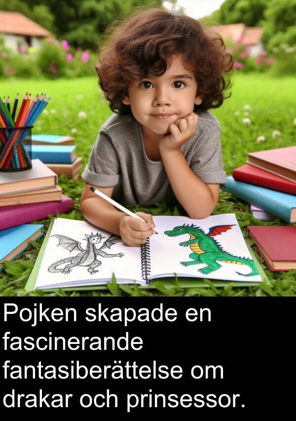 fantasiberättelse: Pojken skapade en fascinerande fantasiberättelse om drakar och prinsessor.