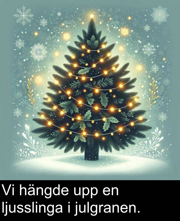 julgranen: Vi hängde upp en ljusslinga i julgranen.