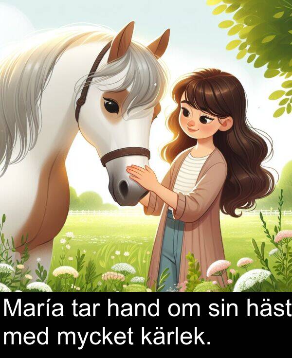 tar: María tar hand om sin häst med mycket kärlek.