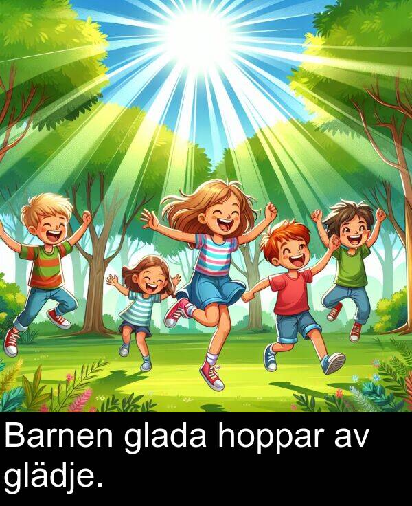 hoppar: Barnen glada hoppar av glädje.