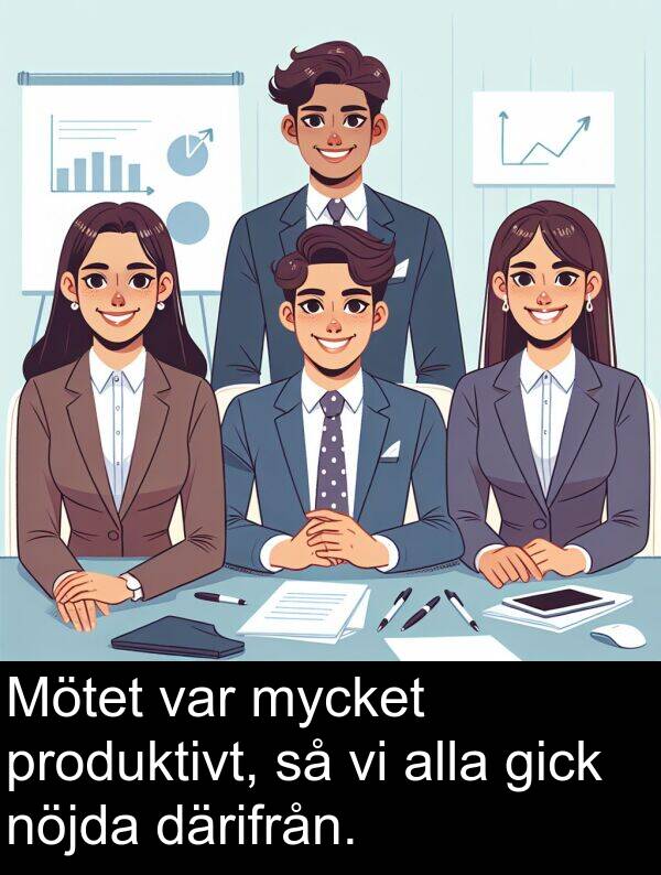 därifrån: Mötet var mycket produktivt, så vi alla gick nöjda därifrån.