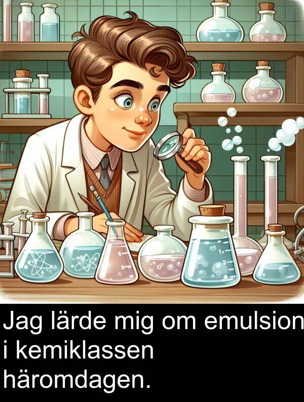 lärde: Jag lärde mig om emulsion i kemiklassen häromdagen.