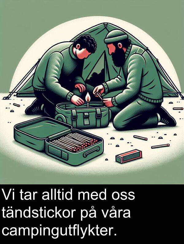 tändstickor: Vi tar alltid med oss tändstickor på våra campingutflykter.
