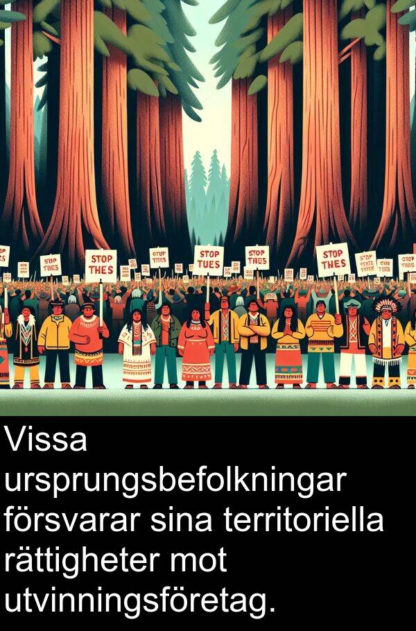försvarar: Vissa ursprungsbefolkningar försvarar sina territoriella rättigheter mot utvinningsföretag.