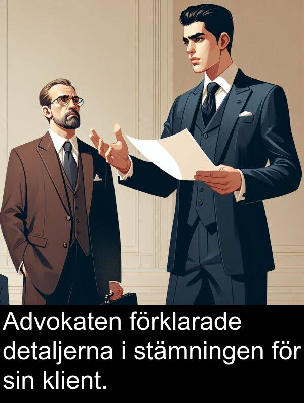 förklarade: Advokaten förklarade detaljerna i stämningen för sin klient.