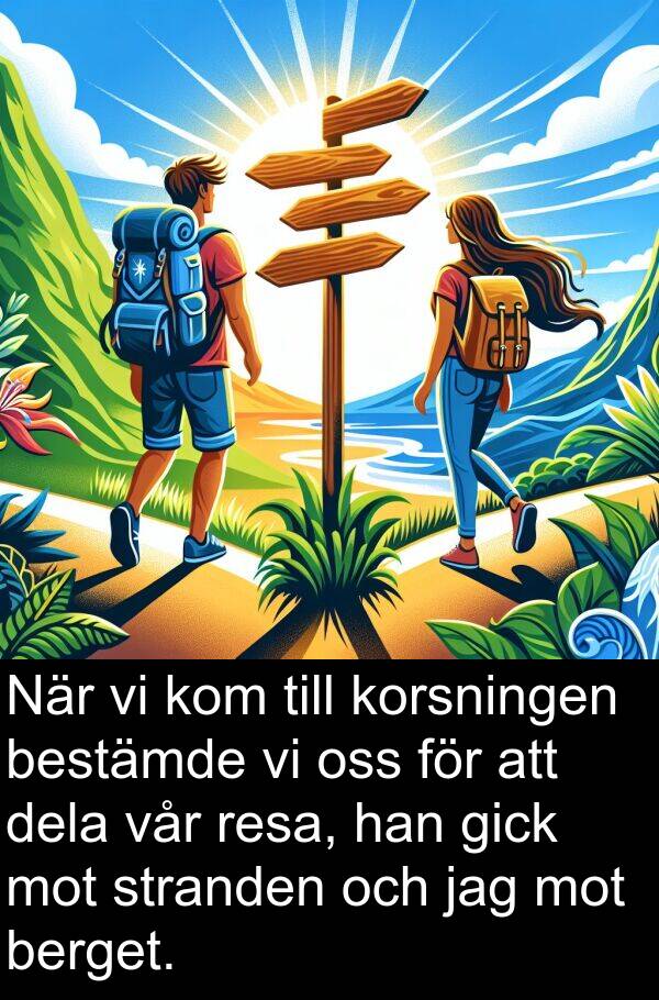 dela: När vi kom till korsningen bestämde vi oss för att dela vår resa, han gick mot stranden och jag mot berget.