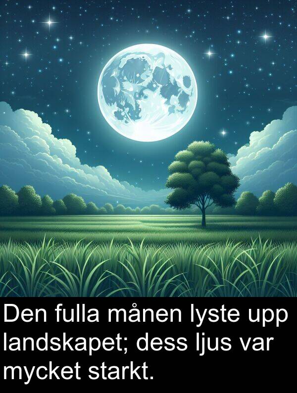 månen: Den fulla månen lyste upp landskapet; dess ljus var mycket starkt.