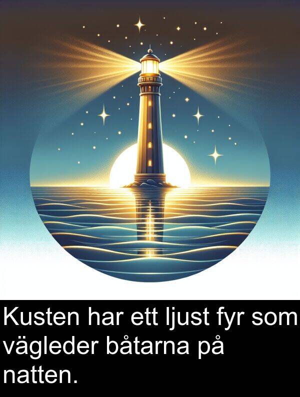 natten: Kusten har ett ljust fyr som vägleder båtarna på natten.