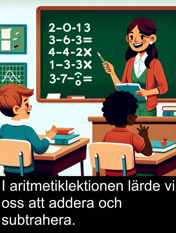 addera: I aritmetiklektionen lärde vi oss att addera och subtrahera.