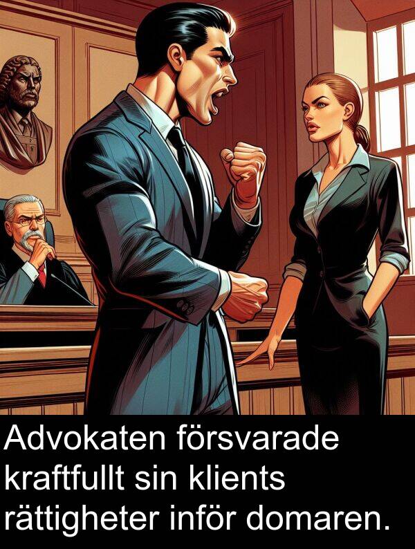 försvarade: Advokaten försvarade kraftfullt sin klients rättigheter inför domaren.