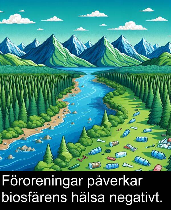 påverkar: Föroreningar påverkar biosfärens hälsa negativt.