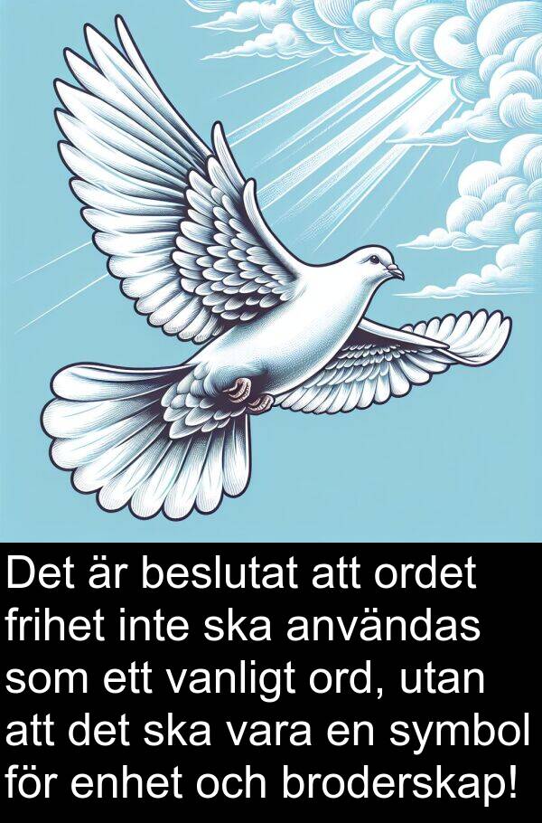 ord: Det är beslutat att ordet frihet inte ska användas som ett vanligt ord, utan att det ska vara en symbol för enhet och broderskap!