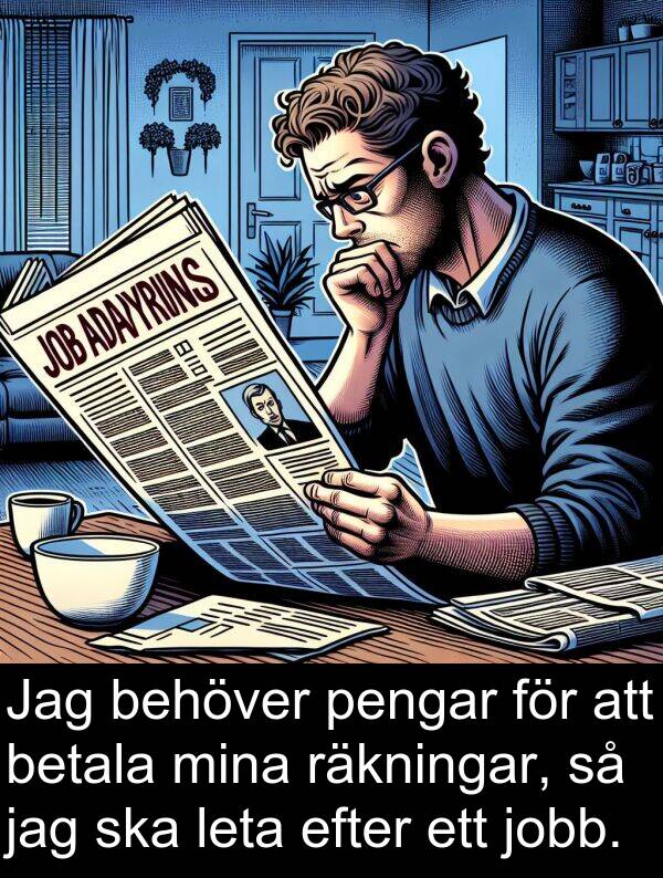 jobb: Jag behöver pengar för att betala mina räkningar, så jag ska leta efter ett jobb.