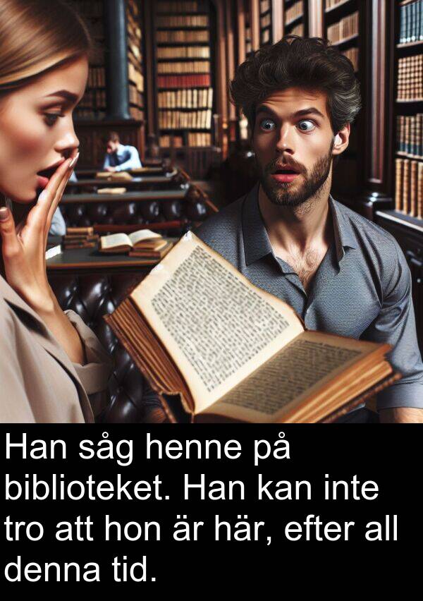 tro: Han såg henne på biblioteket. Han kan inte tro att hon är här, efter all denna tid.