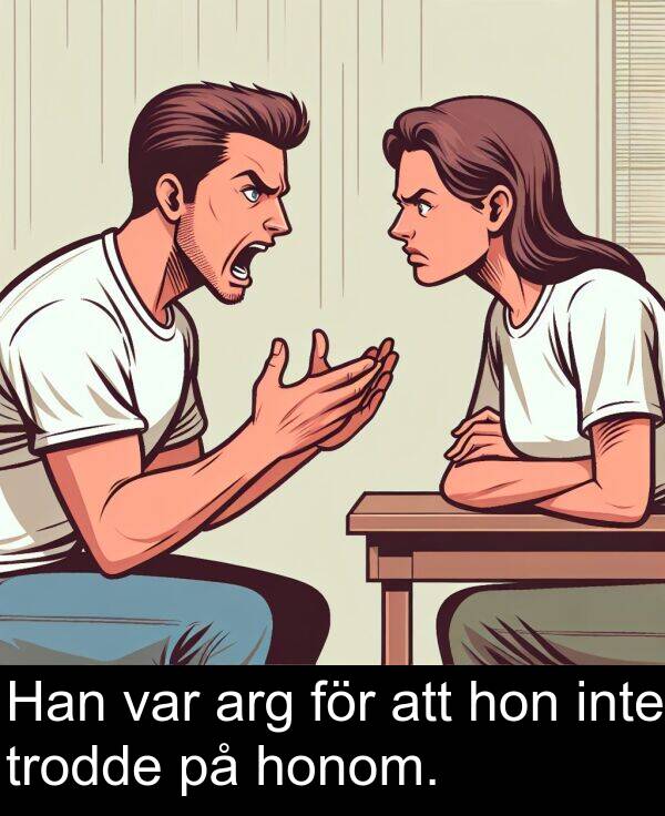 honom: Han var arg för att hon inte trodde på honom.