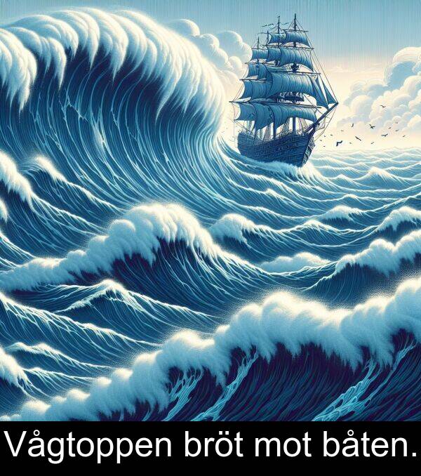 mot: Vågtoppen bröt mot båten.