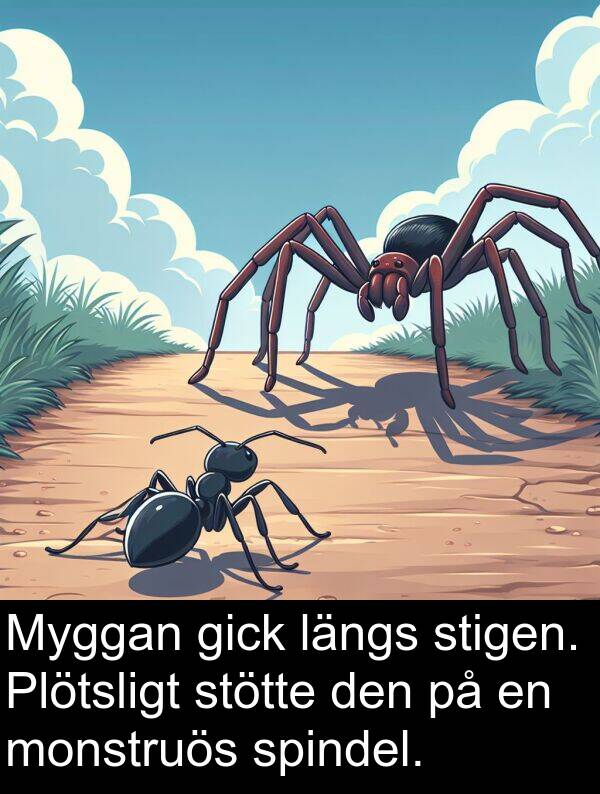 spindel: Myggan gick längs stigen. Plötsligt stötte den på en monstruös spindel.
