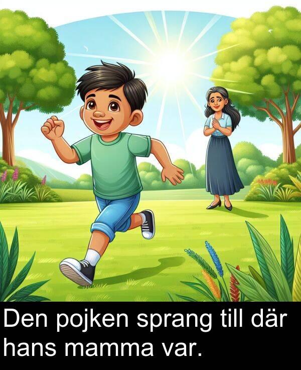 där: Den pojken sprang till där hans mamma var.