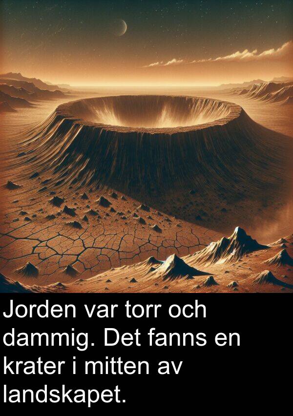 fanns: Jorden var torr och dammig. Det fanns en krater i mitten av landskapet.