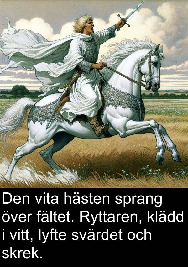 lyfte: Den vita hästen sprang över fältet. Ryttaren, klädd i vitt, lyfte svärdet och skrek.