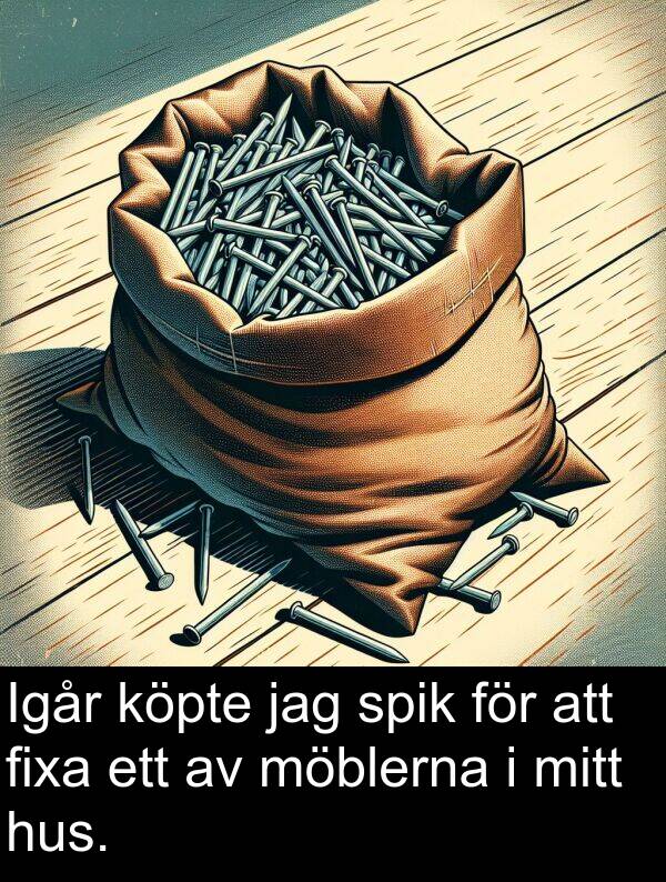 spik: Igår köpte jag spik för att fixa ett av möblerna i mitt hus.